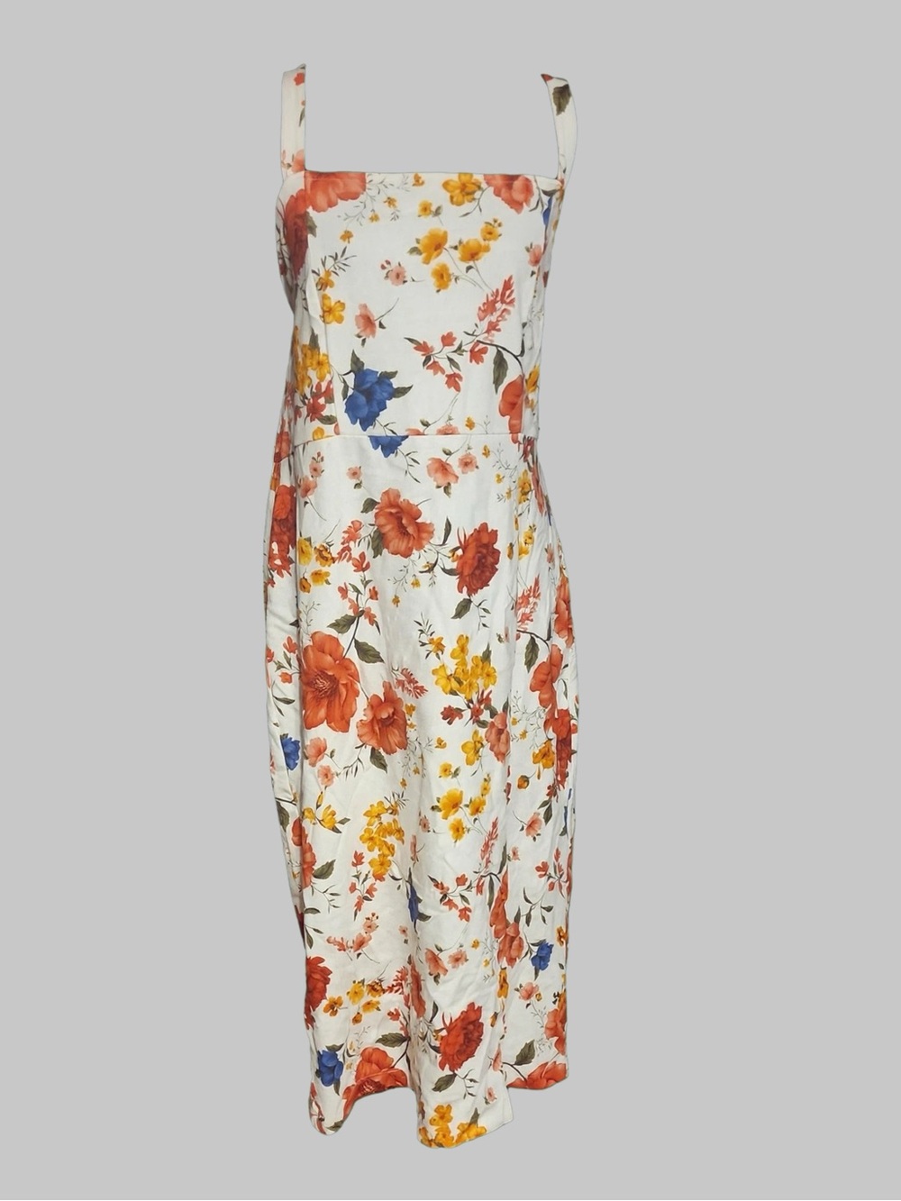 Forever 21 White Floral Midi Dress with Orange, Yellow & Blue Blooms